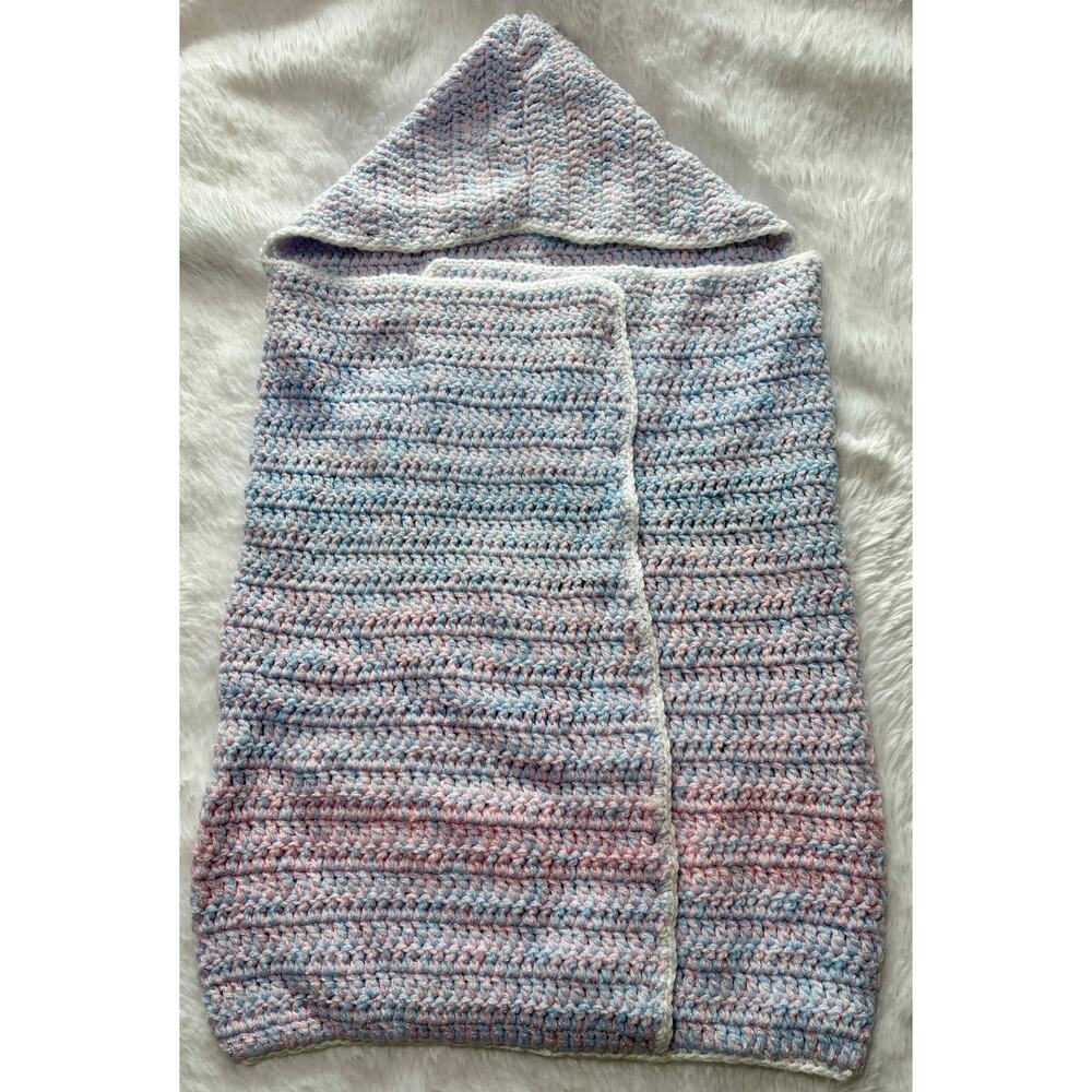 Vintage hand crocheted baby bunting crafted w/soft variegated pastel blue&pink